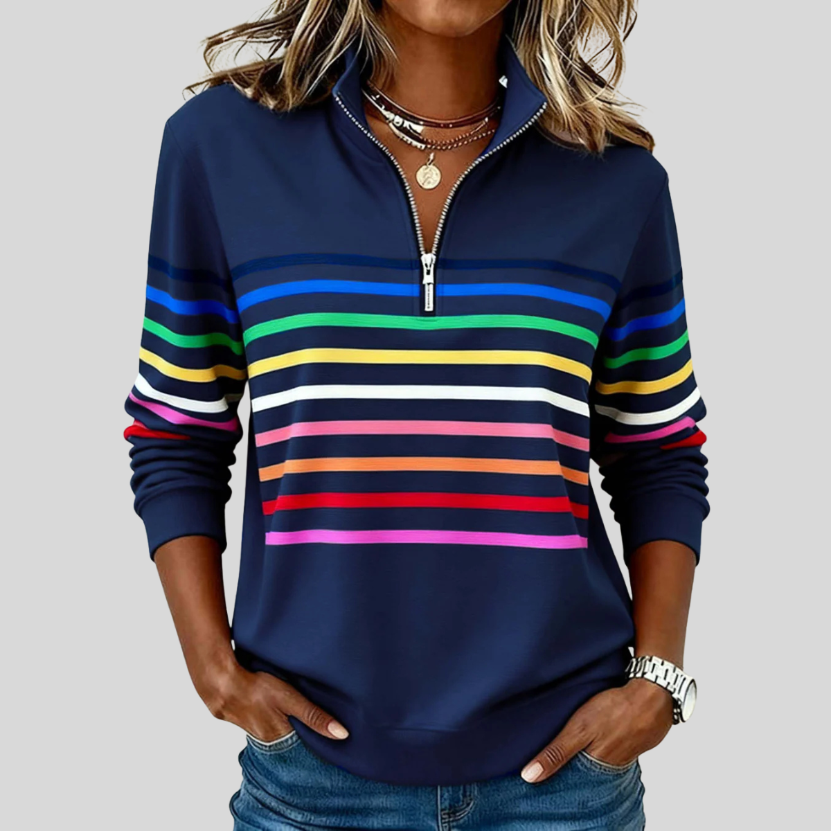 Socorro - Sudadera de Rayas de Colores con Cuarto de Cierre