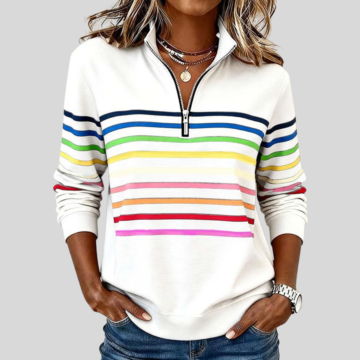 Socorro - Sudadera de Rayas de Colores con Cuarto de Cierre