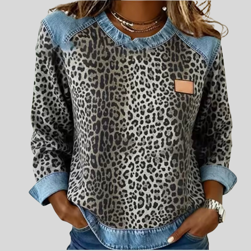Valeria - Suéter con Estampado de Leopardo y Cuello de Mezclilla