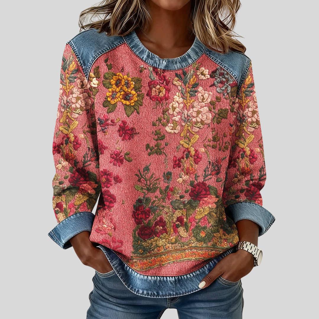Leticia - Sudadera Floral con Detalles de Mezclilla