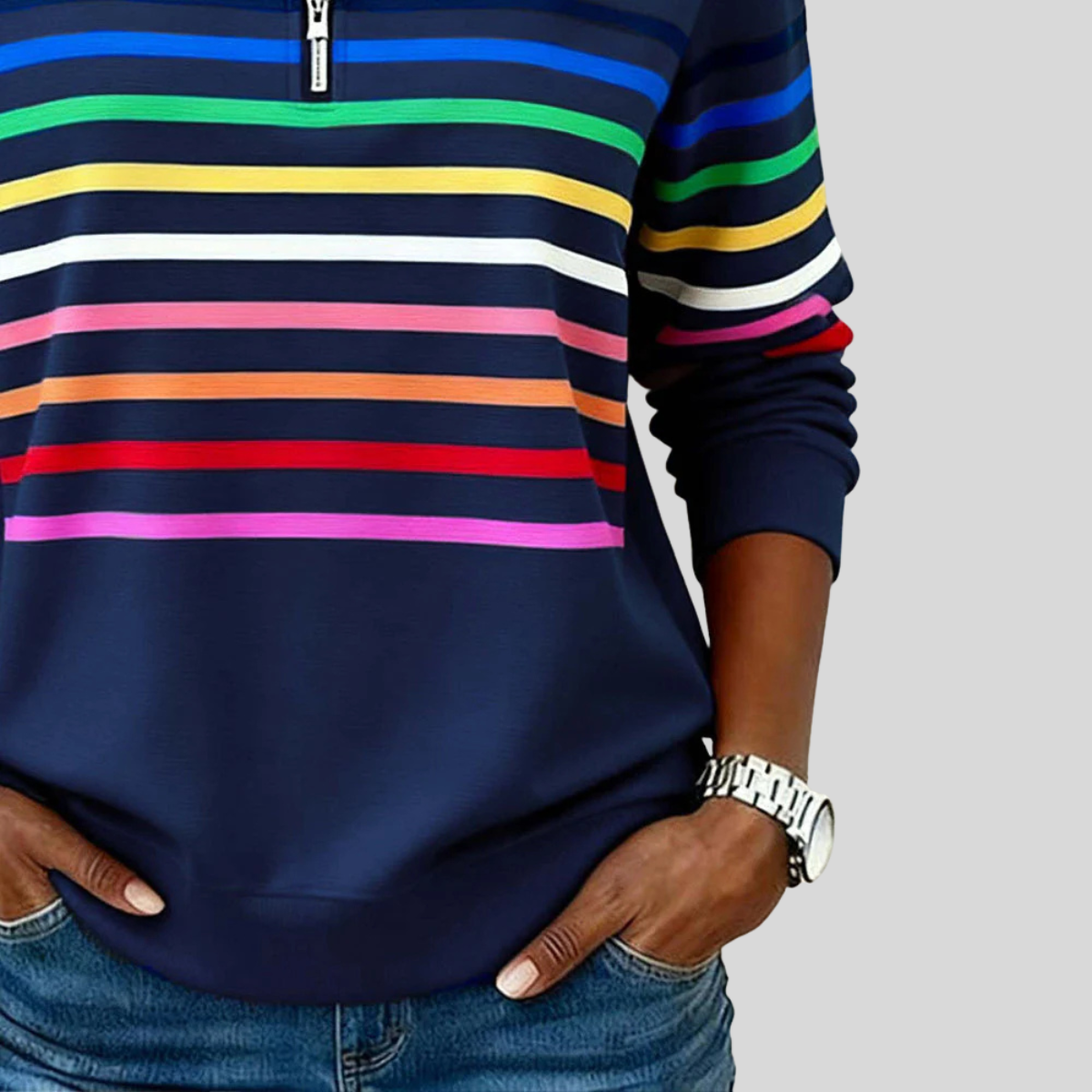 Socorro - Sudadera de Rayas de Colores con Cuarto de Cierre