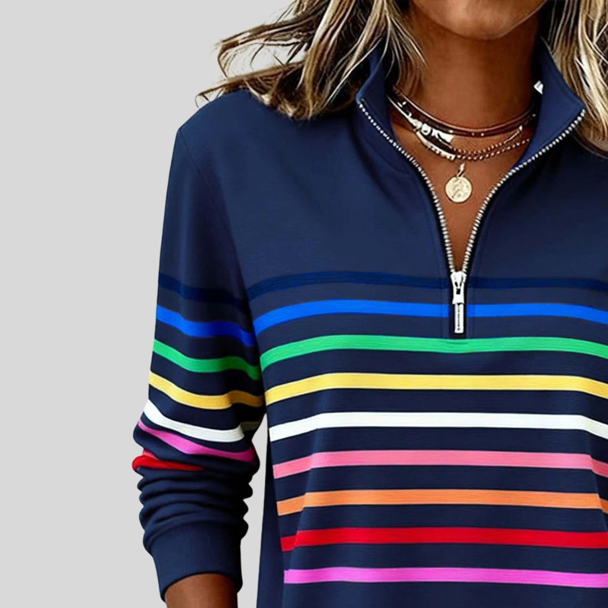 Socorro - Sudadera de Rayas de Colores con Cuarto de Cierre