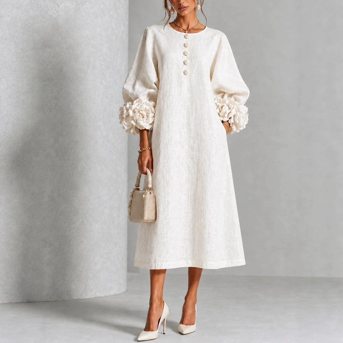 Theodosia - Vestido Midi con Botones y Puños de Rosetas