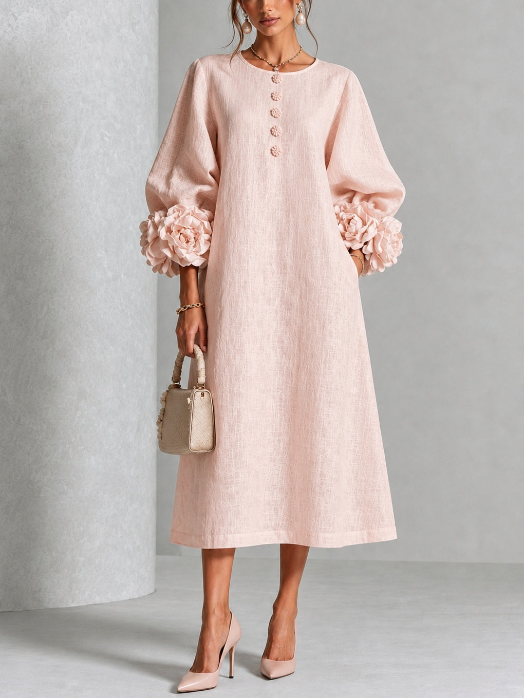 Theodosia - Vestido Midi con Botones y Puños de Rosetas