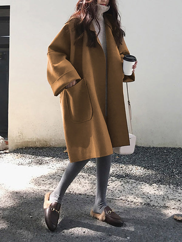 Manga larga Bolsillos con botones sueltos Color sólido Abrigo de lana con cuello con muescas divididas