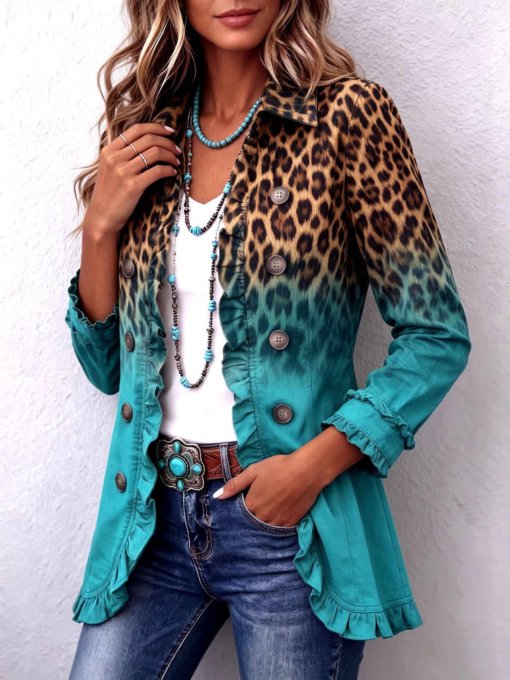 Chamarra blazer leopardo degradado con volantes Herminia