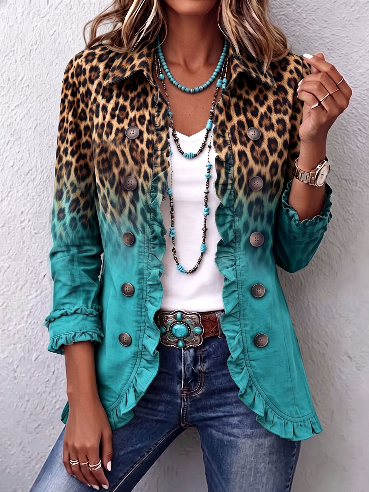 Chamarra blazer leopardo degradado con volantes Herminia