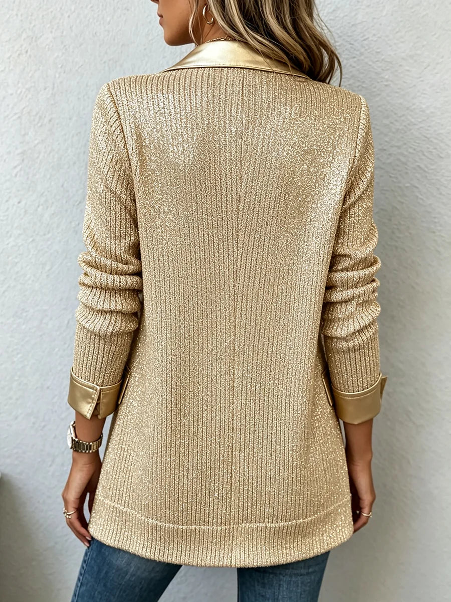Blazer de punto dorado con ribetes de polipiel Aurora