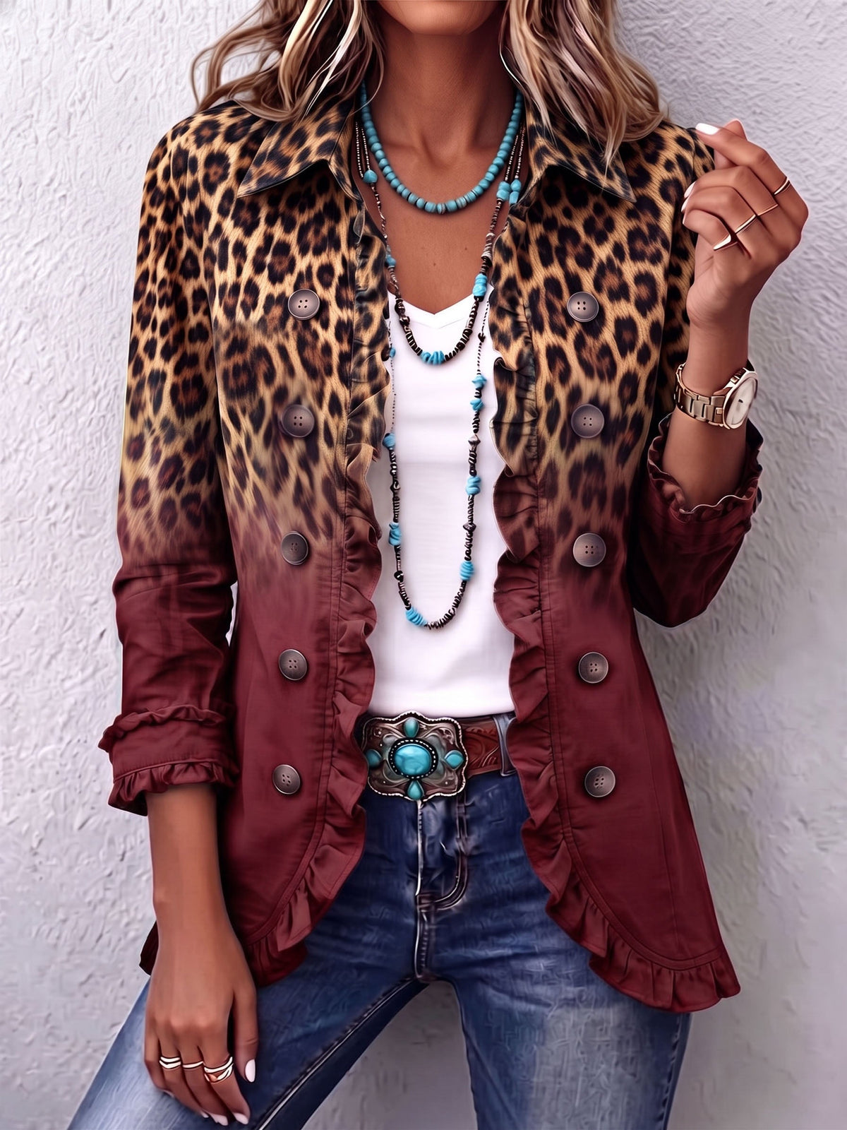 Chamarra blazer leopardo vino con volantes Bernarda