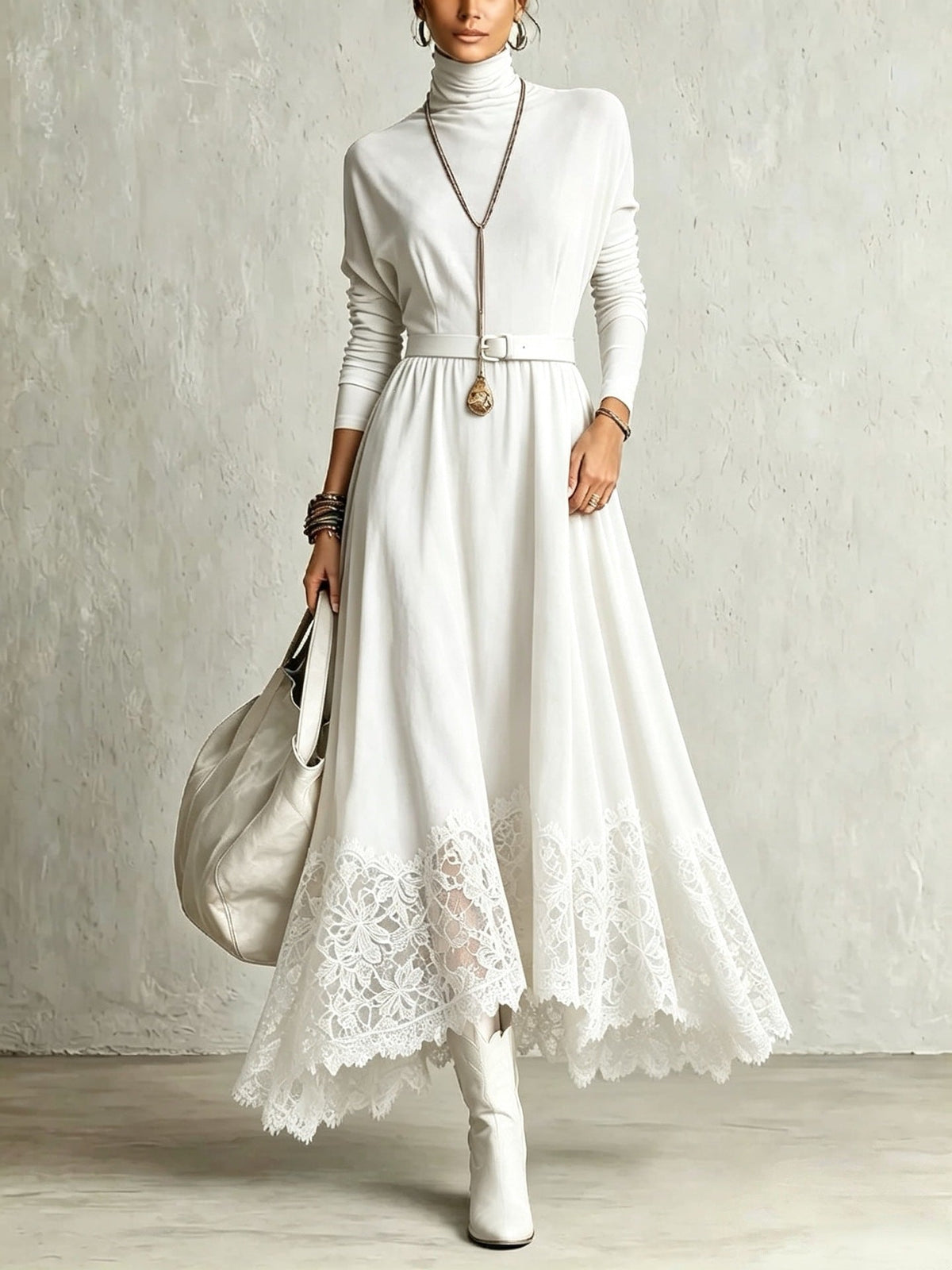 Candida - Vestido Largo Efecto Ante Blanco con Dobladillo de Encaje