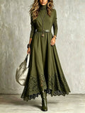 Gelsomina - Vestido Largo Efecto Ante Verde Militar con Dobladillo de Encaje