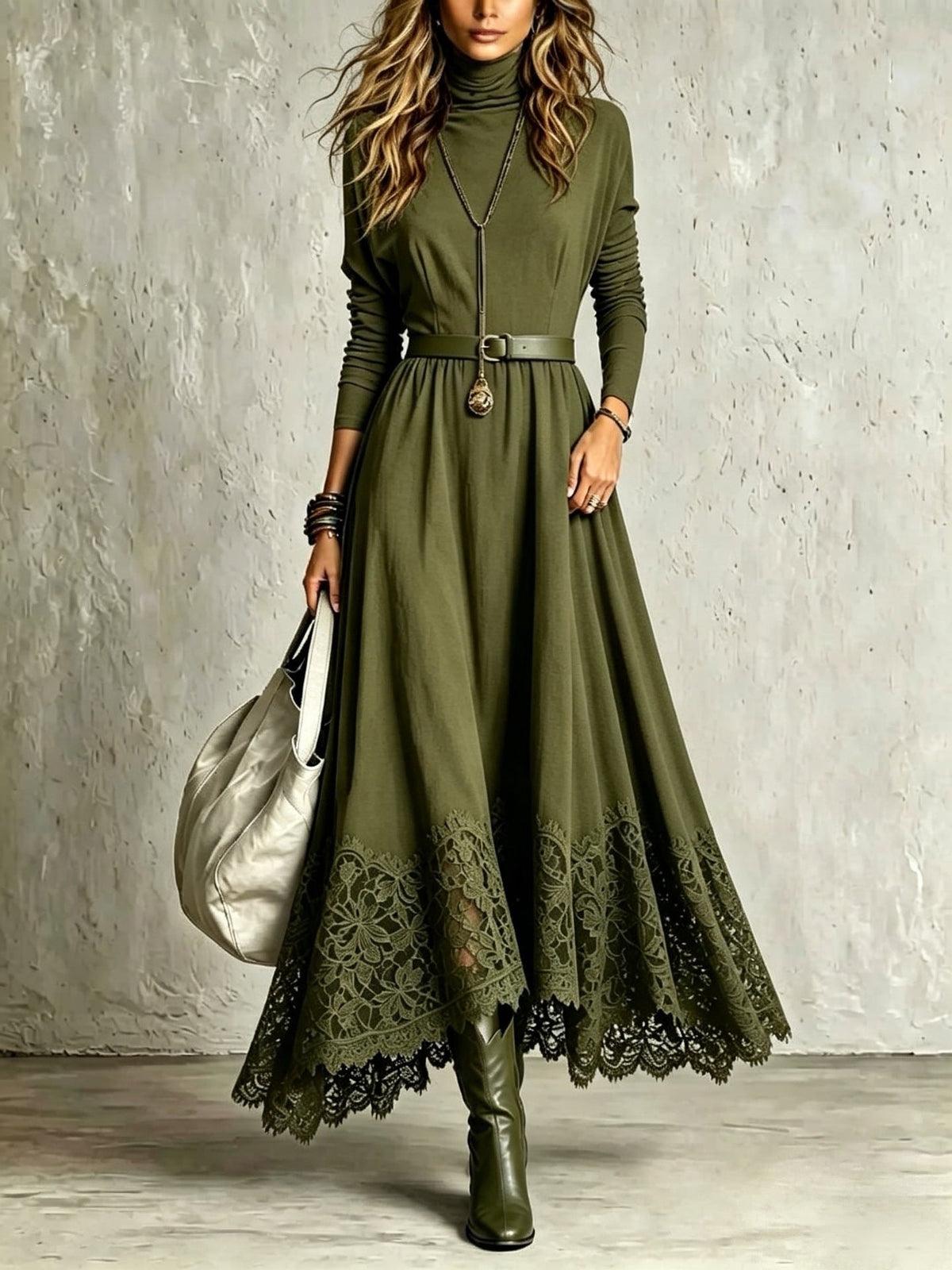Gelsomina - Vestido Largo Efecto Ante Verde Militar con Dobladillo de Encaje