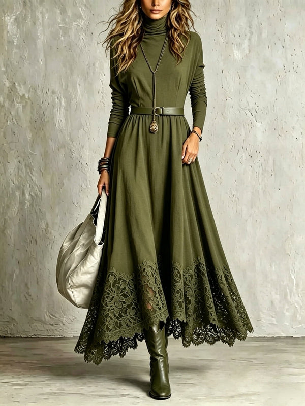 Gelsomina - Vestido Largo Efecto Ante Verde Militar con Dobladillo de Encaje