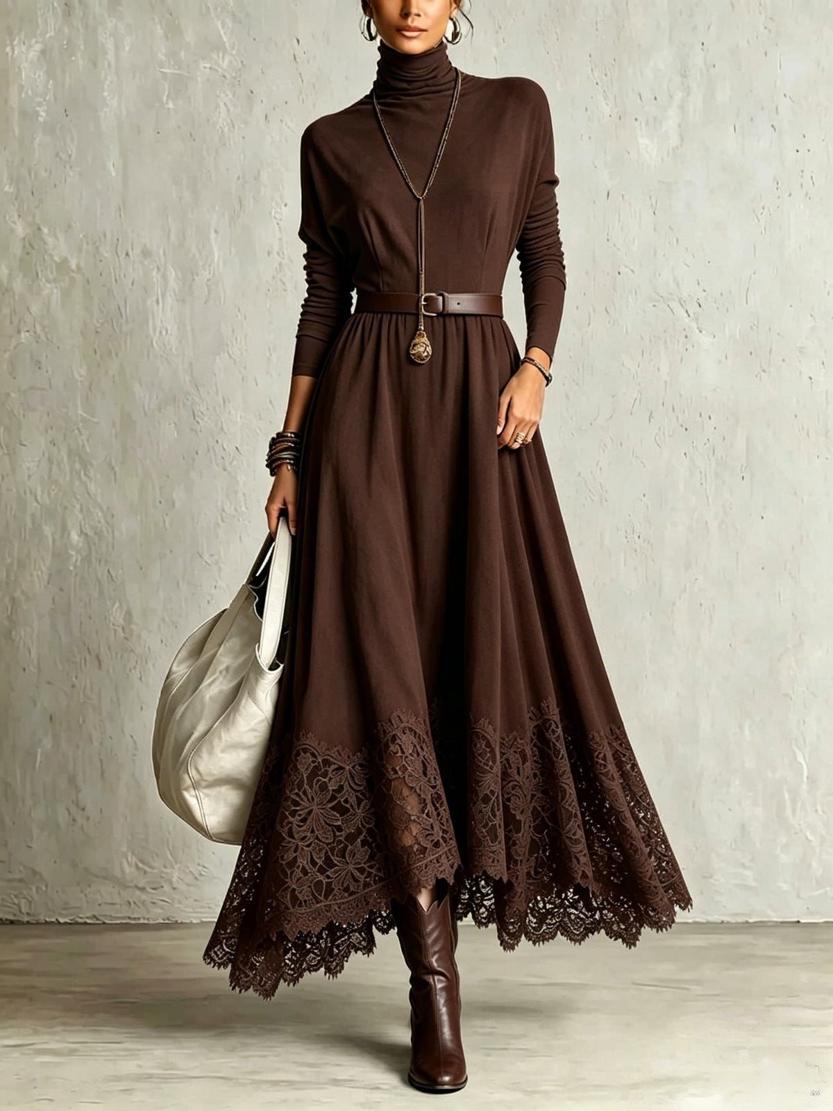 Susanna - Vestido Largo Efecto Ante Café con Dobladillo de Encaje