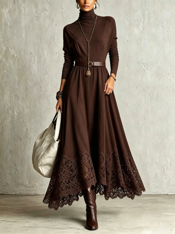 Susanna - Vestido Largo Efecto Ante Café con Dobladillo de Encaje