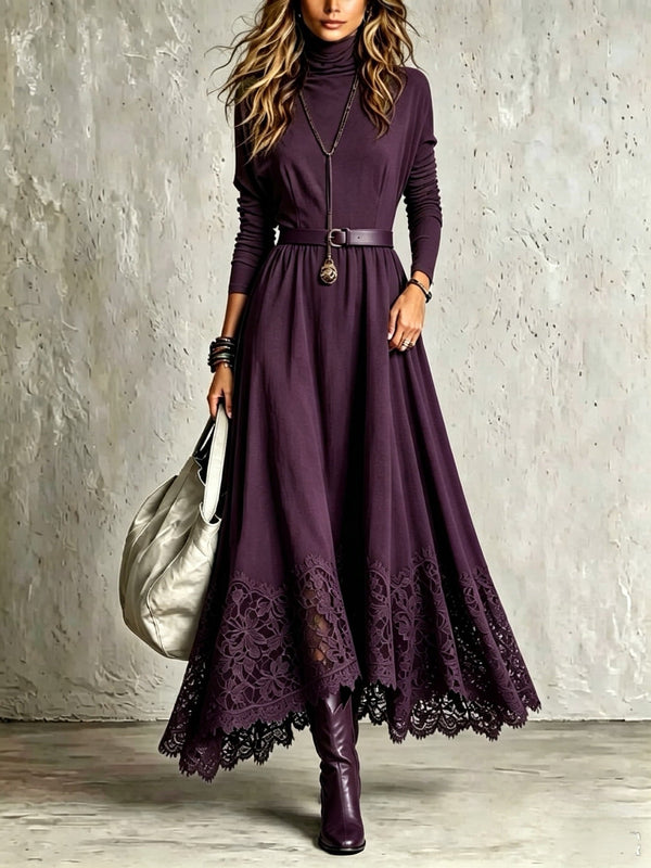 Violetta - Vestido Largo Efecto Ante Ciruela con Dobladillo de Encaje