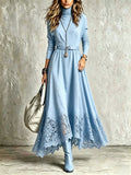 Nina - Vestido Largo Efecto Ante Azul Cielo con Dobladillo de Encaje