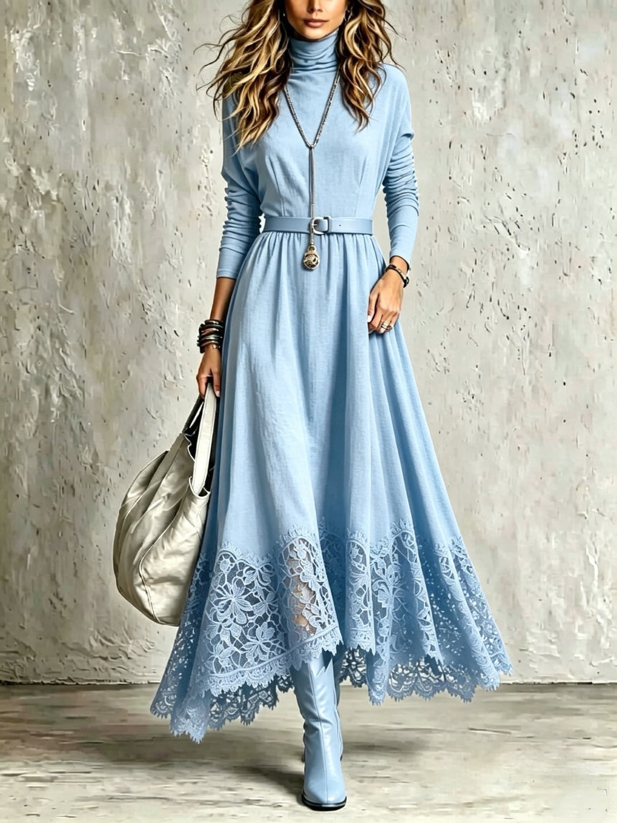 Nina - Vestido Largo Efecto Ante Azul Cielo con Dobladillo de Encaje